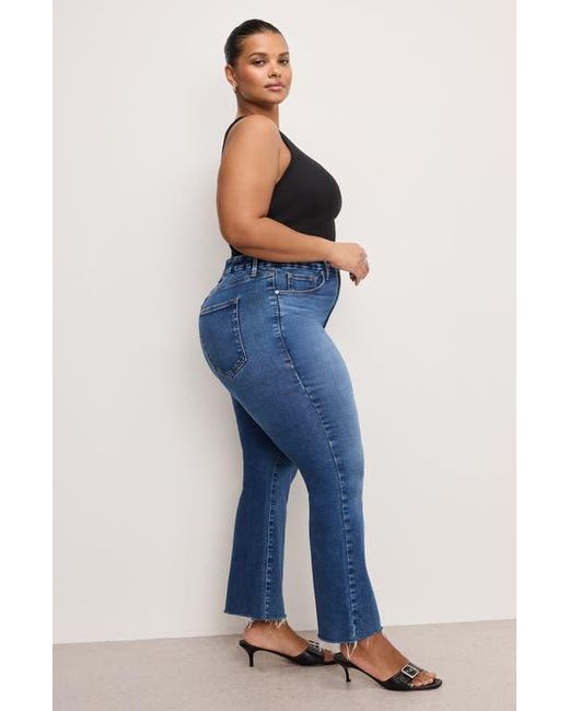 GOOD AMERICAN Blue Soft Tech Good Legs Raw Hem Crop Mini Bootcut Jeans