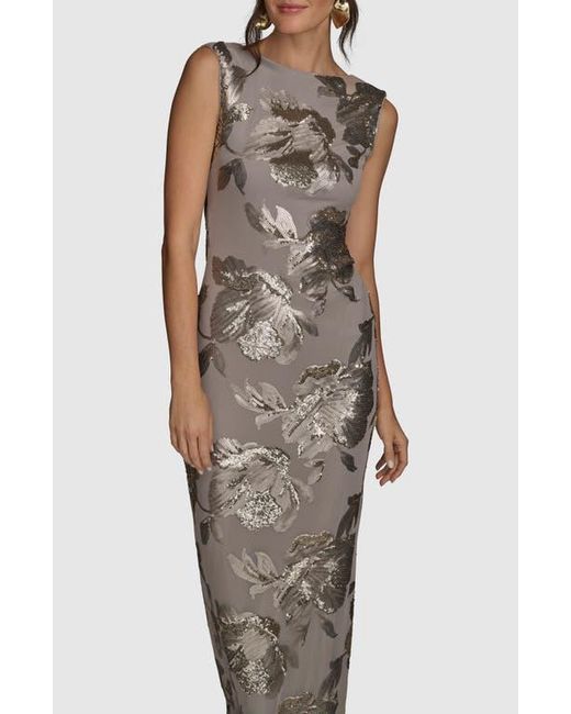 Donna Karan Natural Sequin Floral Sleeveless Gown