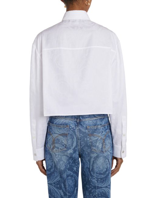 Versace White Barocco Jacquard Crop Cotton Poplin Button-up Shirt