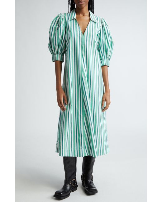 Ganni Green Stripe Organic Cotton Midi Shirtdress