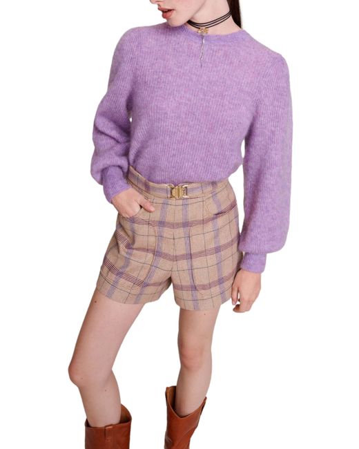 Maje Balloon Sleeve Wool & Mohair Blend Rib Sweater in Purple | Lyst