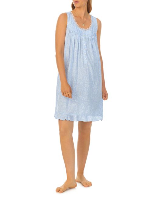 Eileen West Blue Floral Lace Trim Sleeveless Short Nightgown