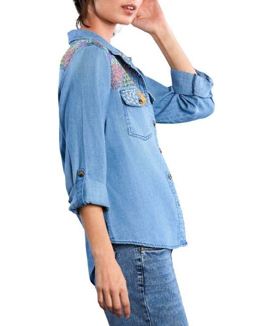 BILLY T Blue Flower Patch Embroidered Button-Up Shirt