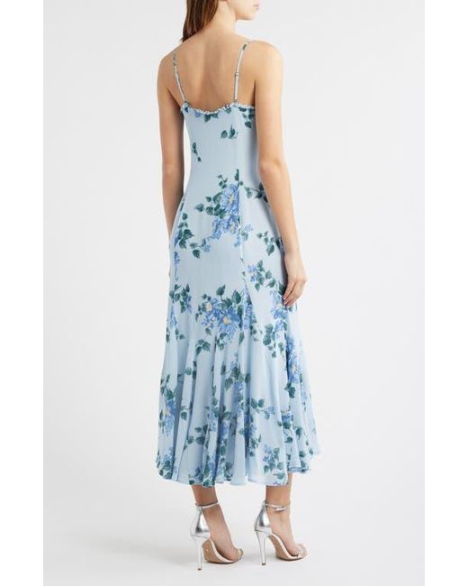Reformation Blue Lilibet Floral Ruffle Trim Midi Dress