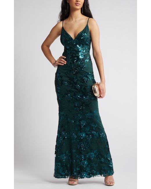 Lulus Green Shine Language Floral Sequined Lace Gown
