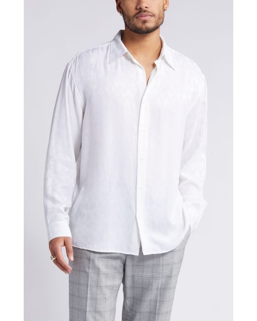 Open Edit White Jacquard Stretch Satin Button-up Shirt for men