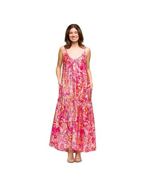 24seven Comfort Apparel Red Maternity Print Lightweight Spaghetti Strap Pocket Maxi Dress