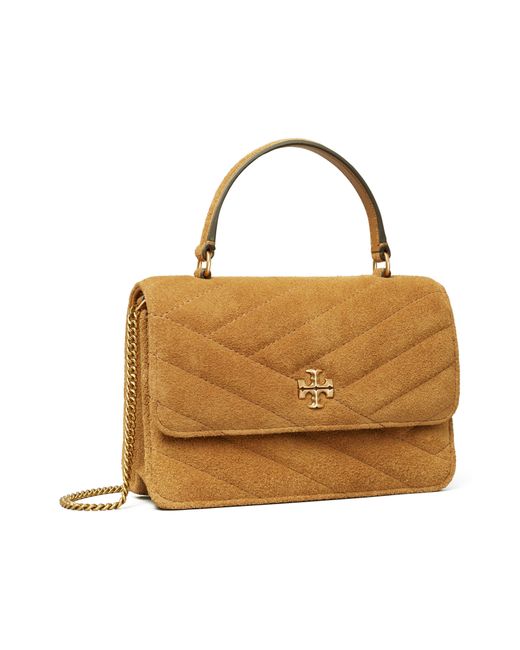 Tory Burch Mini Kira Chevron Quilted Suede Top Handle Bag in Brown | Lyst