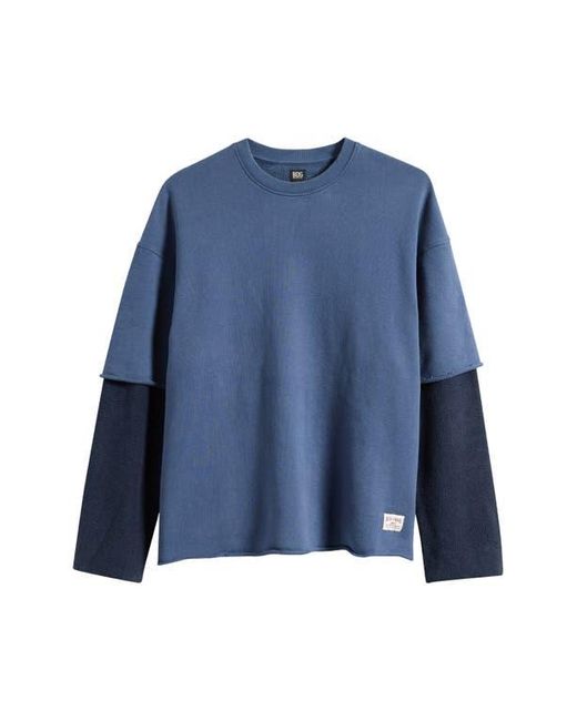 BDG Blue Oversize Layered Sleeve Cotton Crewneck Sweatshirt for men