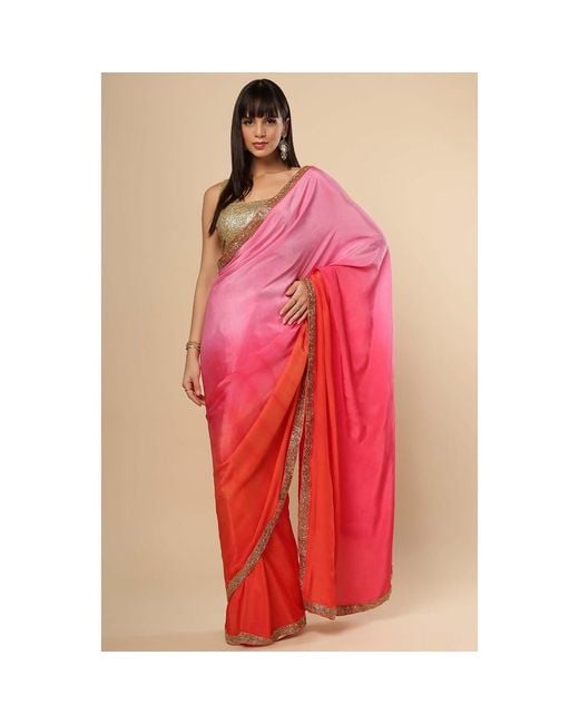One Minute Saree Red Chandini Ombre Modal Satin With Sequins Border Ready To Wear Saree
