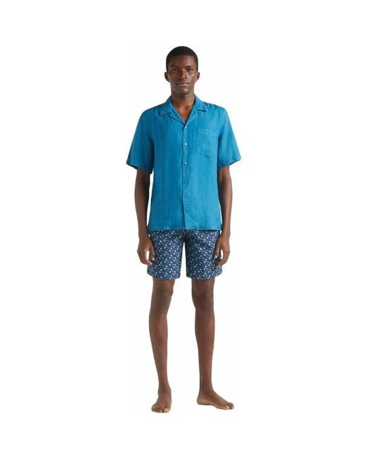 Vilebrequin Blue Linen Solid Bowling Shirt for men
