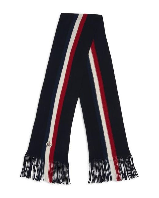 Moncler Blue Logo Patch Stripe Virgin Wool Fringe Scarf for men