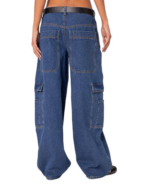 Edikted Blue Low Rise baggy Belted Cargo Jeans