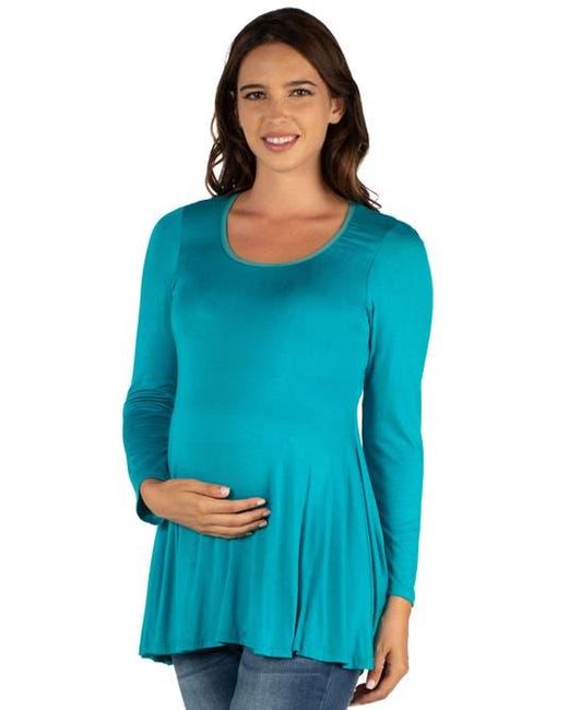 24seven Comfort Apparel Blue Maternity Long Sleeve Swing Style Flared Tunic Top