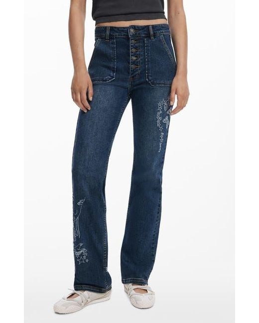 Desigual Blue Embroidered Detail Exposed Button-Fly Jeans