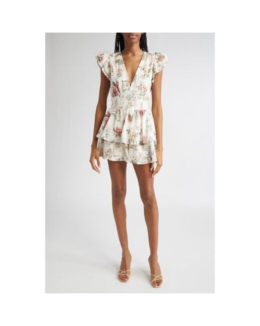 【Alice + Olivia】Kessie フリルスリーブ ロンパー Alice + Olivia Kessie Ruffle-Sleeve Romper | Neiman Marcus