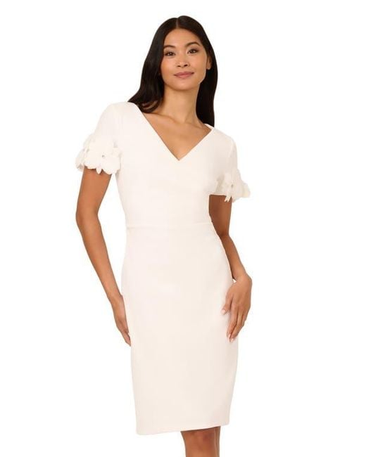 Adrianna Papell White 3D Flower Cuff Crepe Faux Wrap Dress
