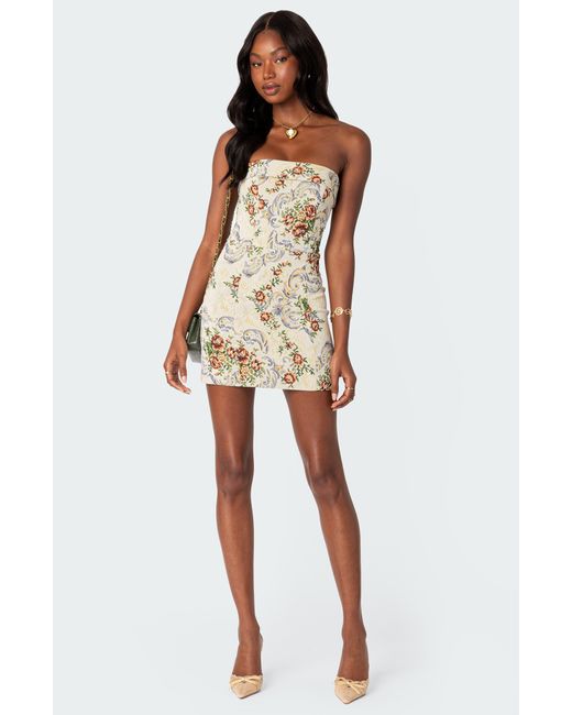 Edikted Natural Floral Tapestry Lace-up Back Strapless Minidress