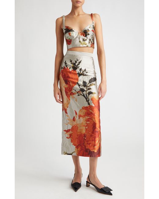 Erdem Orange Floral Metallic Textured Satin Midi Skirt