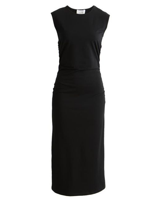 Charles Henry Black Ruched Sleeveless Stretch Cotton Midi Dress