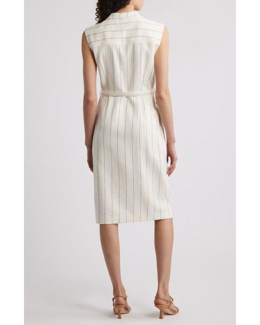 Boss White Drupe Pinstripe Linen Blend Dress