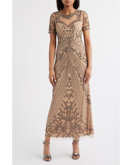 Pisarro Nights Brown Illusion Beaded Mesh Column Gown