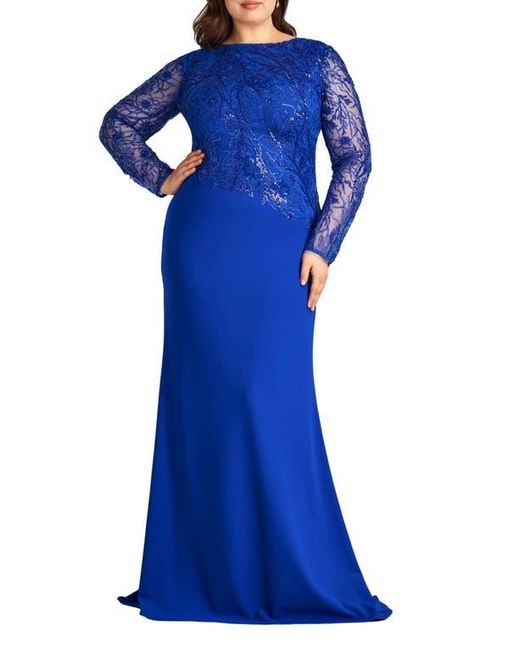 Tadashi Shoji Blue Sequin Floral Long Sleeve Gown