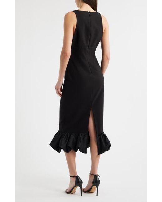 Likely Black Balta Ruffle Hem Mixed Media Cocktail Midi Dress