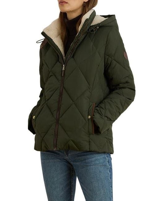 Ralph Lauren Green Diamond Puffer Coat With Faux Shearling Lining