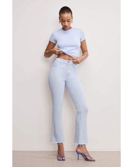 GOOD AMERICAN Blue Soft-Tech Good Curve Frayed High Waist Ankle Straight Leg Jeans