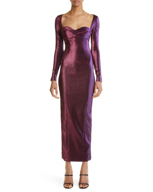 Area Purple Long Sleeve Back Slit Lamé Dress