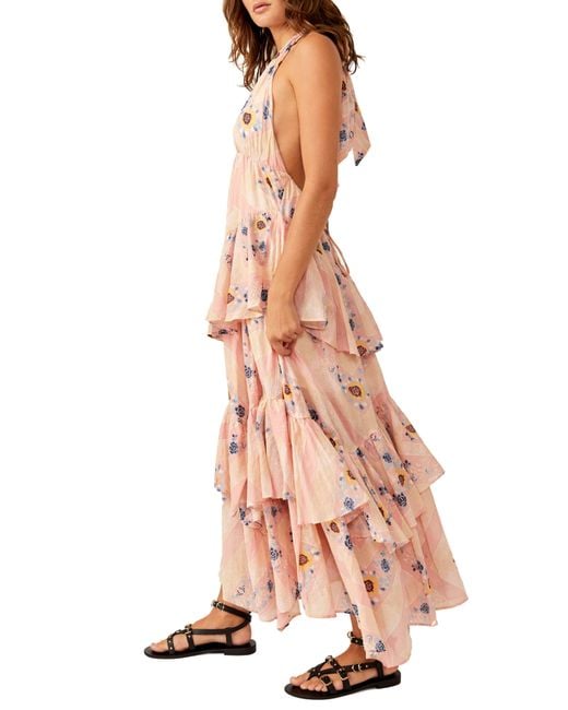 Free People Pink Stop Time Floral Tiered Ruffle Cotton Maxi Dress