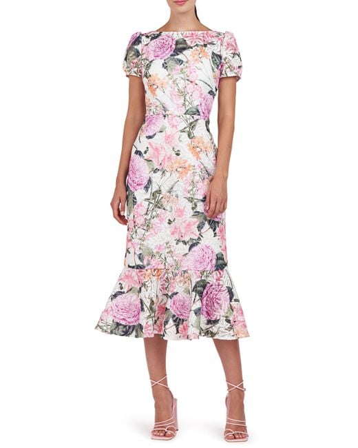 Kay Unger Red Fern Floral Lace Midi Cocktail Dress