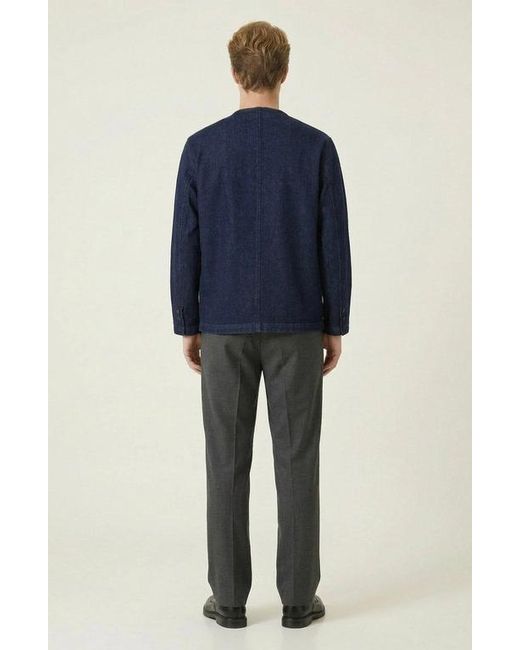 Modenaire Blue Collarless Button Front Utility Pocket Jacket