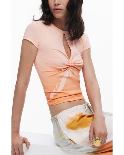 Desigual Orange Keyhole Twist Ombré T-Shirt