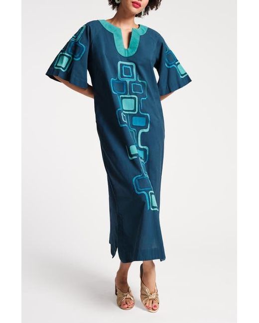 Frances Valentine Blue Charming Caftan Maxi Jetson Print Cotton Linen