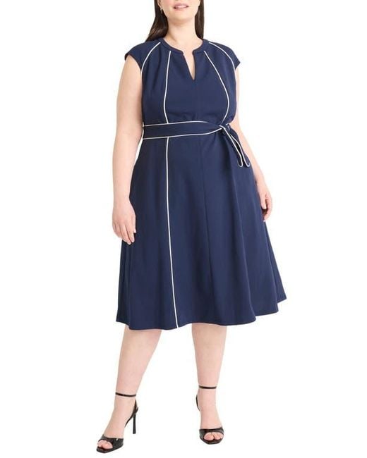 Maggy London Blue Contrast Piping Belted Midi Dress