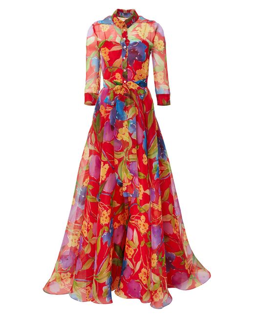 Carolina Herrera Red Floral Print Silk Chiffon Trench Gown