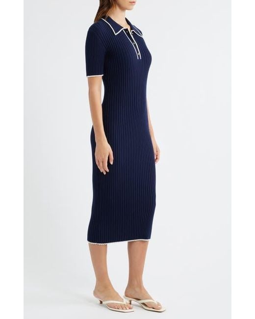 ZOE AND CLAIRE Blue Collared Ribbed Knit Midi Dress