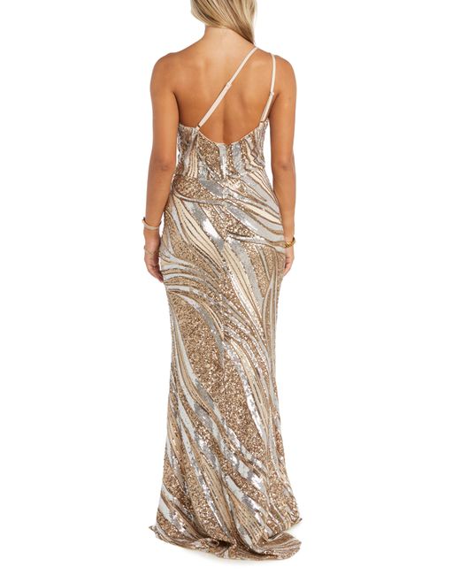 Morgan & Co. Natural Sequin One-shoulder Gown