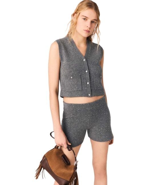 Maje Gray Rhinestone Knit Top