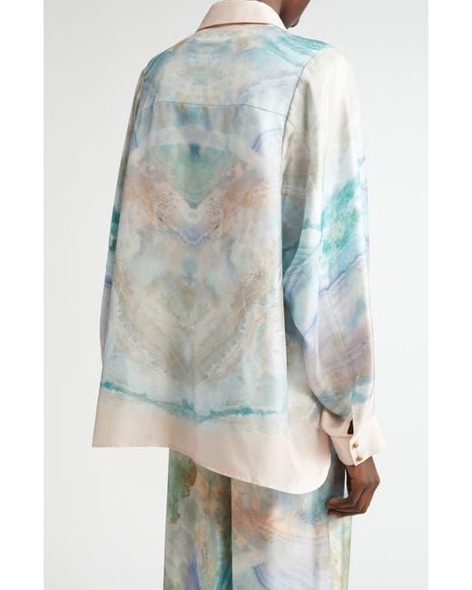 Zimmermann Blue Agate Print Silk Button-Up Shirt