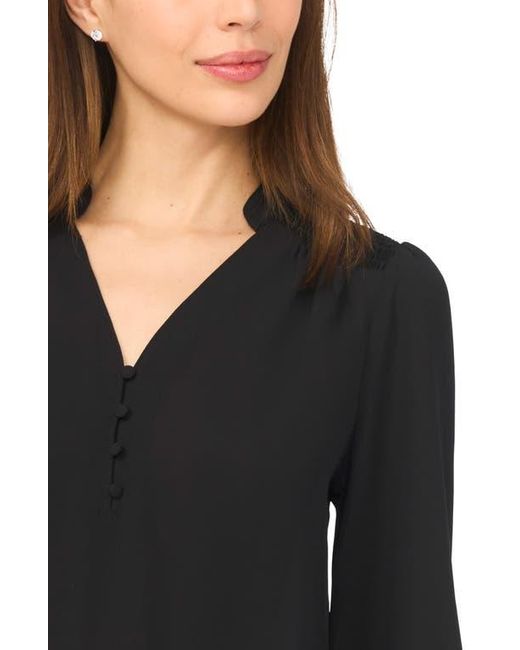 Cece Black Half Placket Smocked Accent Top