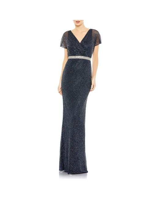 Mac Duggal Blue Beaded Butterfly Sleeve Column Gown