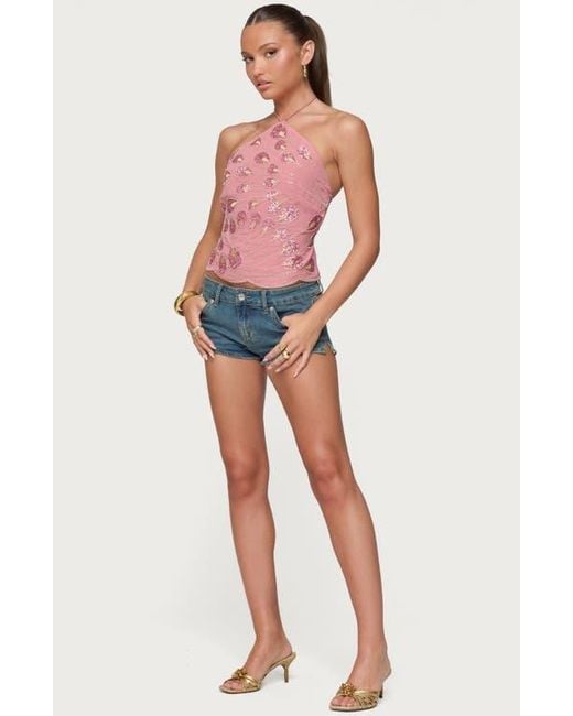 Edikted Purple Beaded Sequin Open Back Halter Top