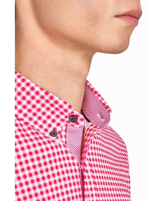Con.struct Pink Slim Fit Mini Check Recycled 4-Way Stretch Performance Short Sleeve Shirt for men