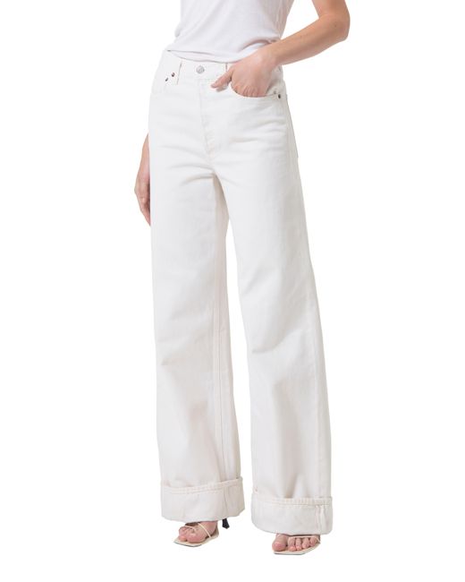 Agolde White Dame Cuffed High Waist Wide Leg Organic Cotton Jeans