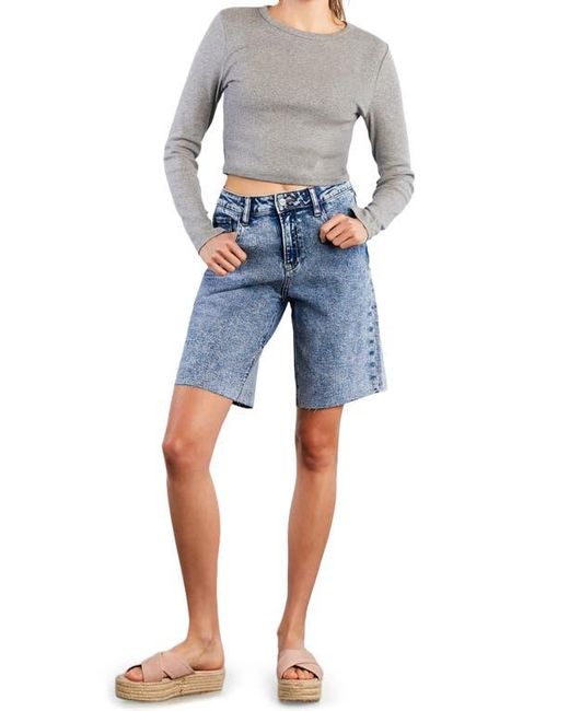 HINT OF BLU Blue Cool Summer Raw Hem Long Denim Shorts