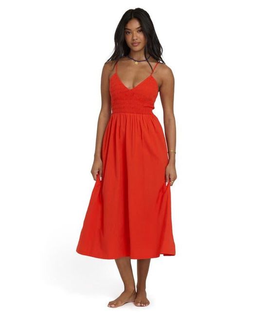 Billabong Red Such A Trip Smocked Bodice Cotton Midi Dress