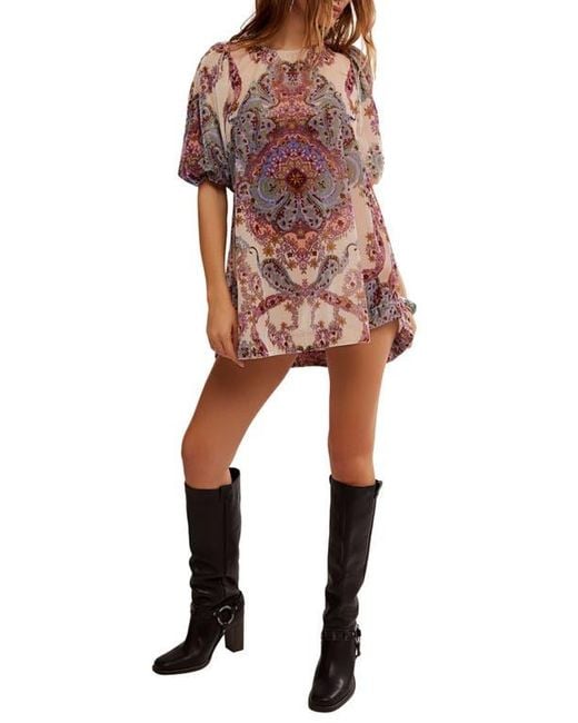 Free People Multicolor Maye Print Puff Sleeve Velvet Tunic Top